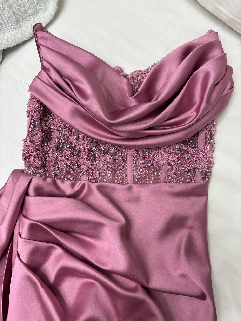 Strapless Pink Satin Evening Gown with Lace Bodice - Picture 2 of 3